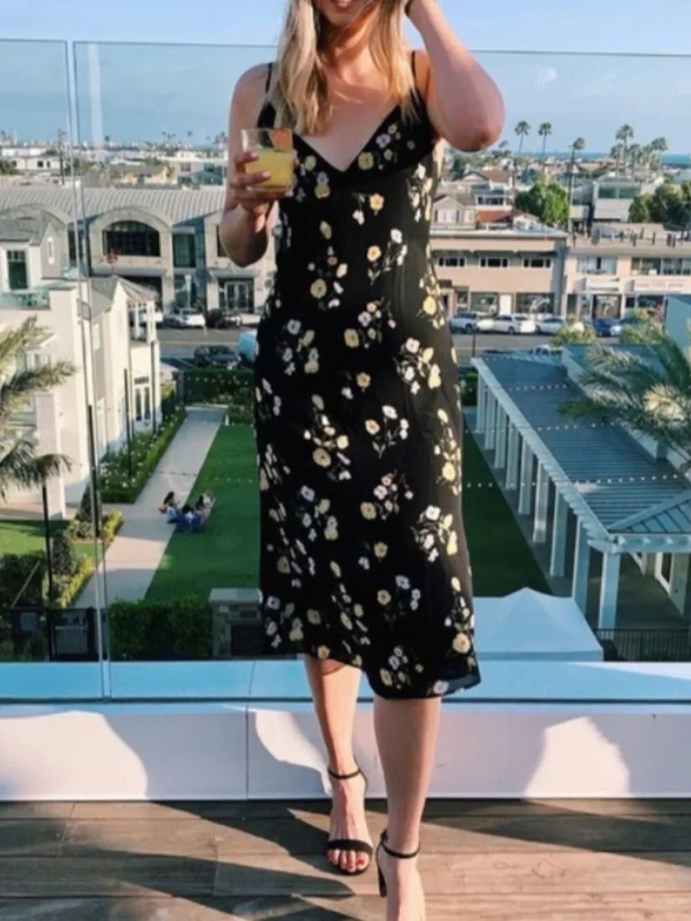 Reformation Dietrich Black Yellow Floral Dress Midi Flare Skirt Open Back Large - Picture 4 of 12